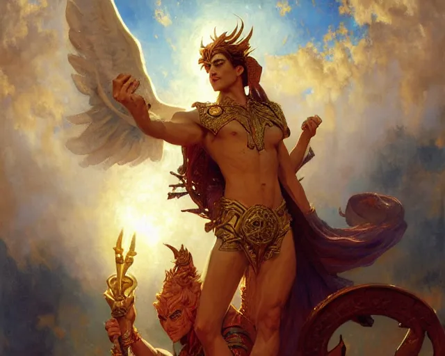 Image similar to attractive pagan male deity, casting chaos magic, summoning handsome lucifer morning star. highly detailed painting by gaston bussiere, craig mullins, j. c. leyendecker 8 k