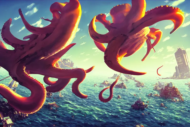 Prompt: giant squids battling in the sky, minecraft, digital art, artstation, highly detailed, 4 k