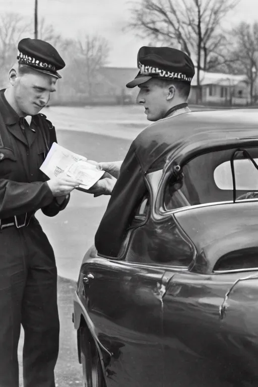 Prompt: a 1 9 5 0 s police officer issuing a ticket on a car