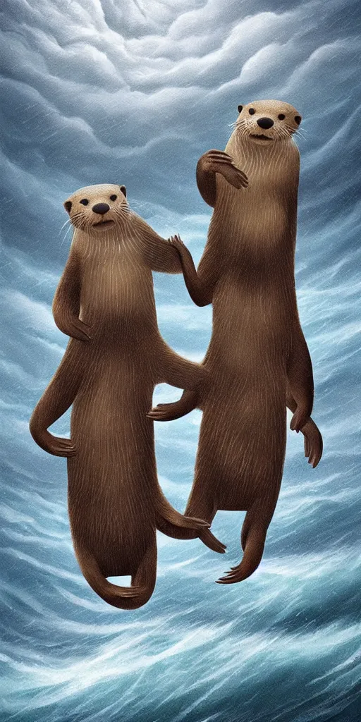 Image similar to adorable otters falling in love holding hands side by side, all alone in the middle of a scary storm at sea, fantasy illustration, cinematic, award winning, romantic, detailed trending on artstation, masterpiece