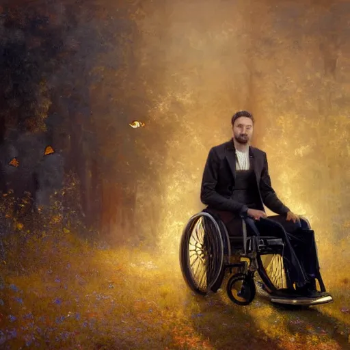 Prompt: handsome portrait of a wheelchair guy fitness posing, radiant light, caustics, smooth, one legged amputee, surrounded by monarch butterflies, by gaston bussiere, bayard wu, greg rutkowski, giger, maxim verehin