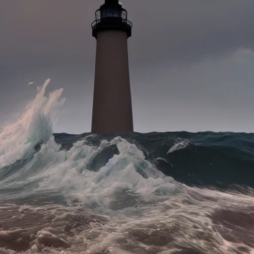 Prompt: Large waves crash into a lighthouse, unreal engine, volumetric lighting, dramatic, realistic, stylized