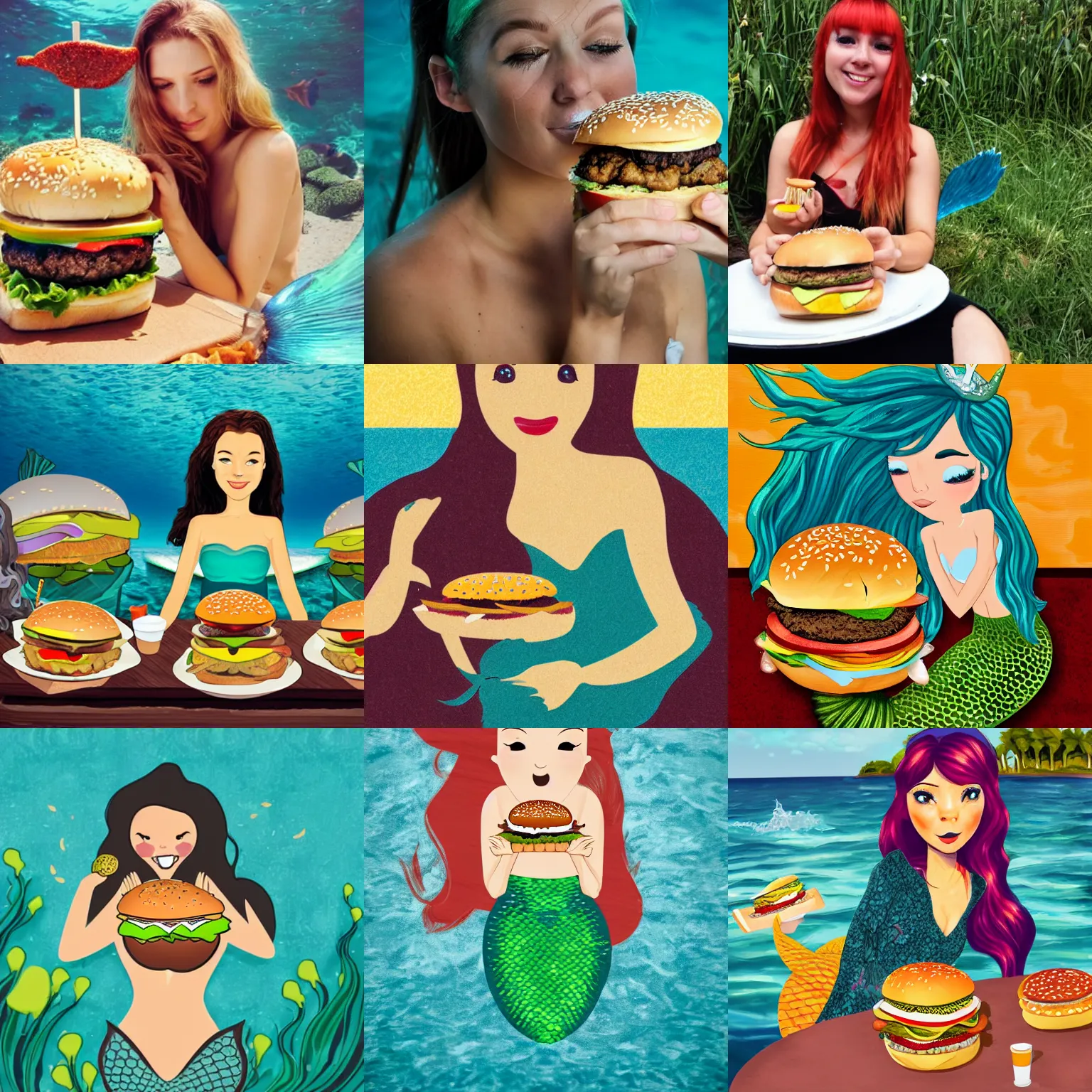 Prompt: a mermaid eating a burger