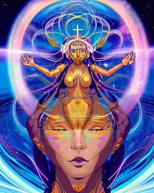 Prompt: a golden goddess with blue adornments quarter turn figurative anime portrait, in space, transcending to a higher plane, the eternal blessing the holy nexus, in the multiverse, lazer light beaming down to top of her head, by android jones, by ben ridgeway, by ross draws, by Noah Bradley, by Maciej Kuciara + illustrative + visionary art + low angle + oil painting + Visionary art, profile portrait, artgerm, featured in artstation, elegant, Moebius, Greg rutkowski