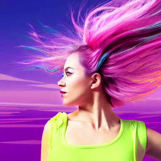 Image similar to a award winning half body portrait of a beautiful woman in a croptop with a ombre purple pink teal hairstyle with head in motion and hair flying, outrun, vaporware, vivid colors, highly detailed, fine detail, intricate