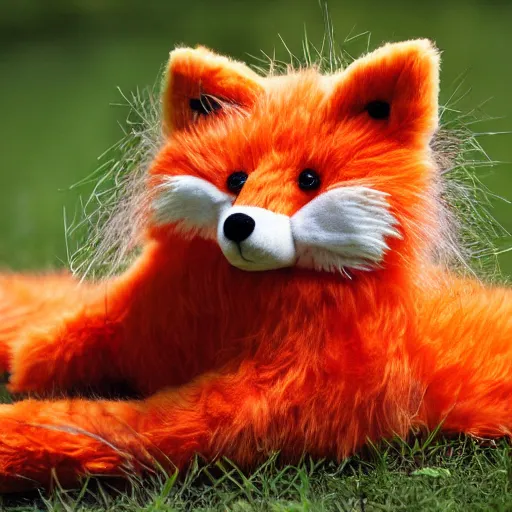 Image similar to Photorealistic furry orange exhausted Fox as a stuffed animal