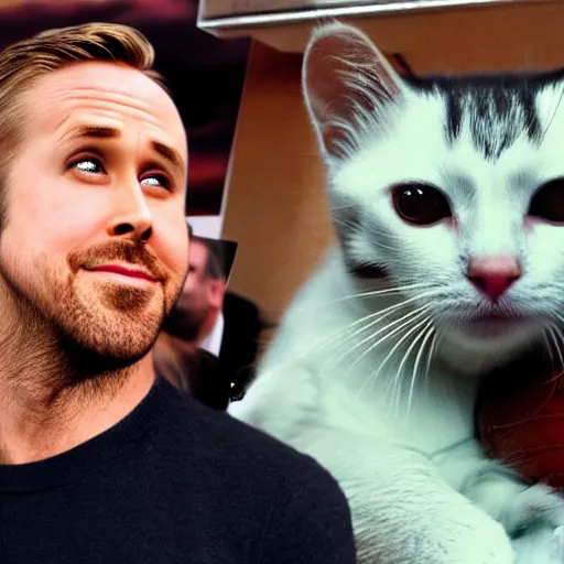 Prompt: ryan gosling shoplifting a cat under each arm