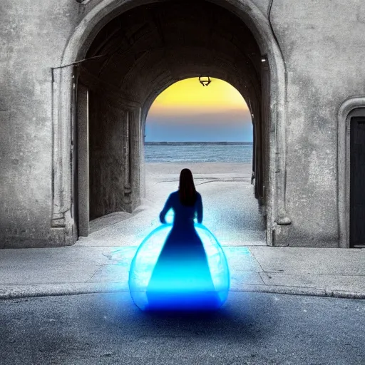 Image similar to a woman facing a blue interdimensional portal on the street, which shows a beach at sunset, rutkowski, fantasy