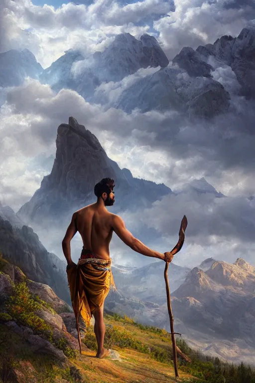 Prompt: a dramatic epic beautiful ethereal painting of a shirtless handsome desi man on a mountain path | he has a hairy chest and is wearing a plaid kilt and cowboy hat, and holding a walking stick | background is mountain peaks and clouds | dramatic lighting, golden hour, homoerotic, realistic, art nouveau | by mark maggiori | trending on artstation