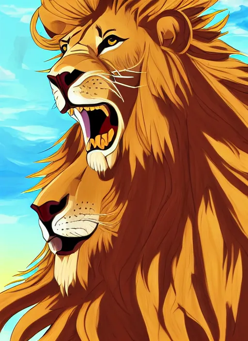 Image similar to digital painting of a lion wearing a loincloth, fursona, furry art, stylized, cel shaded, ultra detailed, anime key visual, wlop