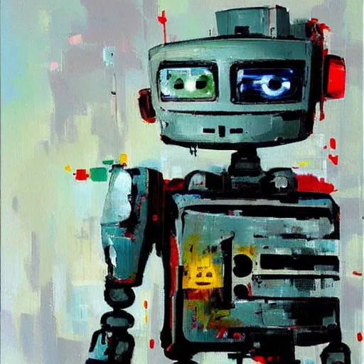 Image similar to oil painting of a robot with decals by ashley wood