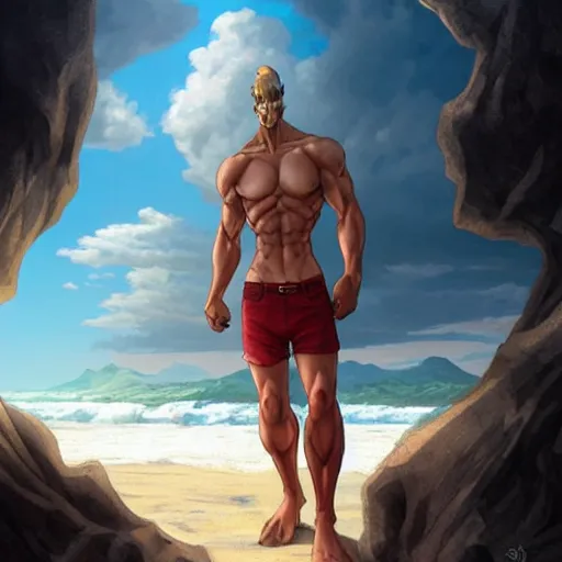 Image similar to a male horse humanoid stansing on the beach,wearing red shorts,anthropomorphic,Character design by charlie bowater, ross tran, artgerm, and makoto shinkai, detailed, inked, western comic book art, 2021 award winning painting,digital art,ultra realistic,ultra detailed,art by greg rutkowski,muscular,detailed face,hyperdetailed,hyperrealistic,detailed face,photorealistic,realistic,4k,SFW