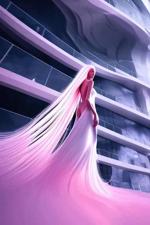 Image similar to a futuristic scene with an long pink haired beautiful thin woman in a white flowing futuristic dress, in front of a zaha hadid building, cinematic matte painting, extreme detail photo quality, dark moody colors, featured on behance