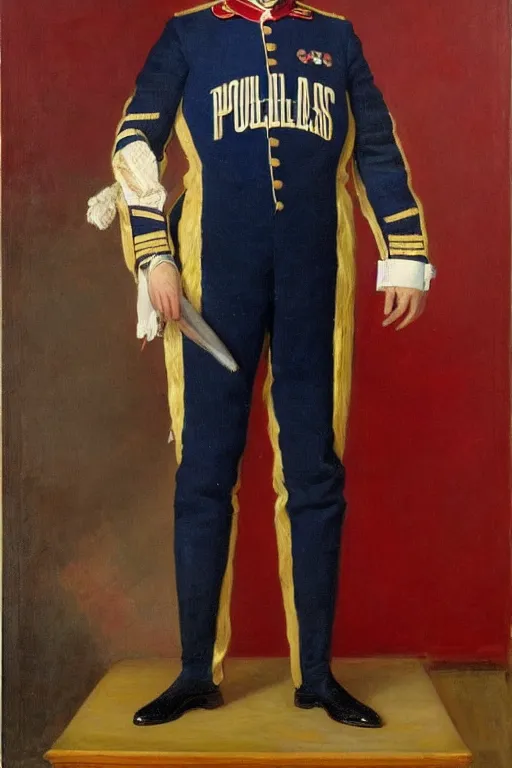 Image similar to full body portrait of the dictator of the new orleans pelicans, 1 8 8 9, in full military garb, midnight blue, red, gold and white, oil on canvas by william sidney mount, trending on artstation