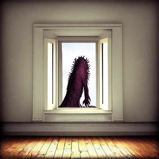 Image similar to photography, digital art, monster, window, wood floor