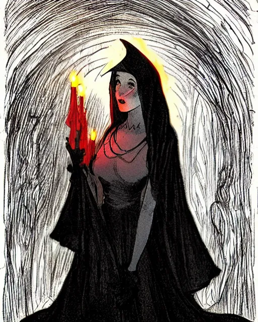 Prompt: a mystical witch in a black shawl, surrounded by lit red candles floating in the air, in an underground dungeon. by abigail larson