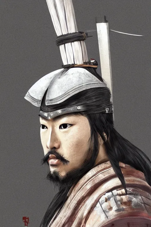 Prompt: native japanese samurai, focused stare, partially masked, highly detailed, photorealistic render, digital painting, trending on artstation, character design, overcast weather