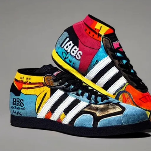 Image similar to adidas sambas in the style of jean basquiat