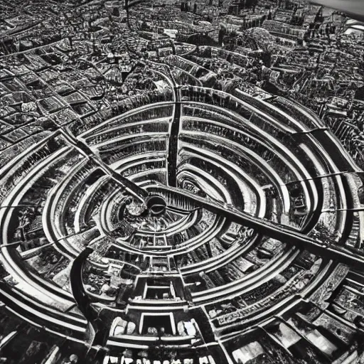 Image similar to ancient goth city with spiral-shaped streets spiraling into insanity hyperreality hd 8k plane view very detailed high contrast