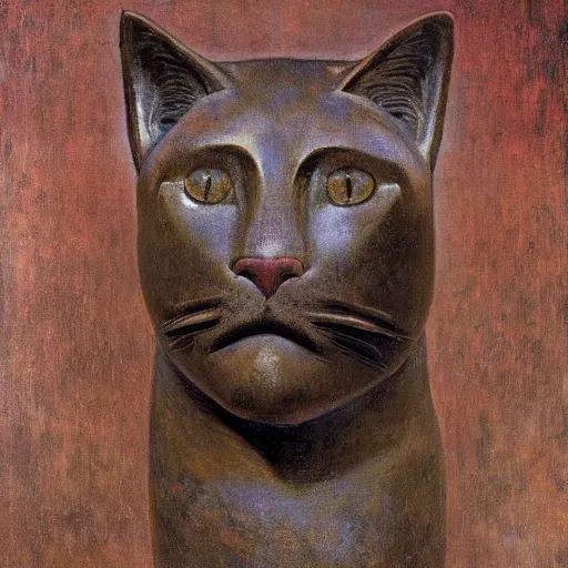 Prompt: masterpiece ancient bronze sculpture of a cat head, by annie swynnerton and diego rivera and nicholas roerich and jean delville and charlie bowater, symbolist, dramatic lighting, god rays, art brut, rich colors, smooth sharp focus, extremely detailed, adolf wolfli and ( donato giancola and bilibin )