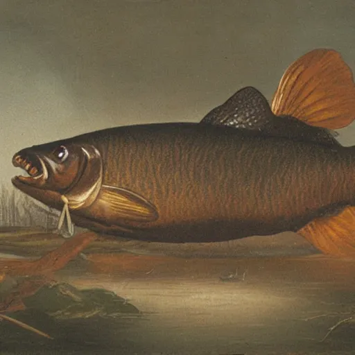 Prompt: a canvas showing a rotten tench