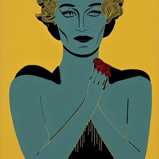 Image similar to portrait of jessica lange by erte and patrick nagel