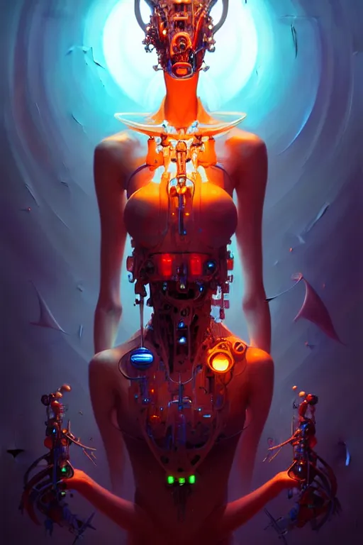 Image similar to portrait, biomechanical bioluminescent creature, cyberpunk, elegant baroque, asymmetrical art, hyperrealism colorful, vivid, imposing, epic, digital painting, artstation, concept art, by peter mohrbacher and wlop and rhads