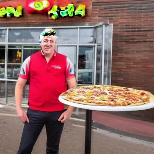 Image similar to a beautiful portrait of prince andrew outside a pizza hut on a school trip, travel, party, fun, colourful, 4 k,