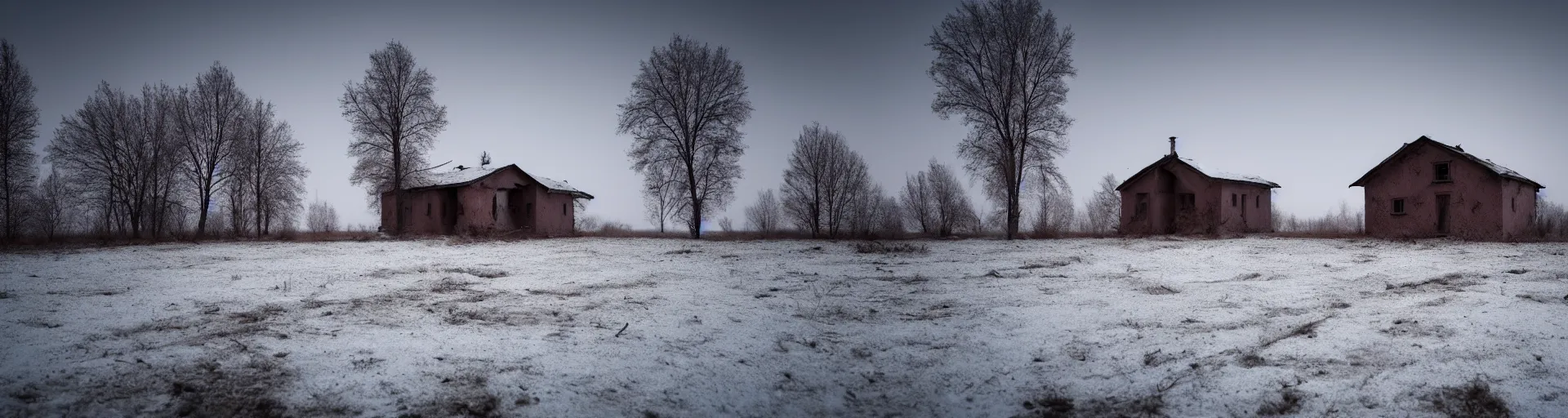 Prompt: landscape, lonely soviet house, abandoned, lifeless, winter, mud, atmospheric, mystical, very detailed 4 k