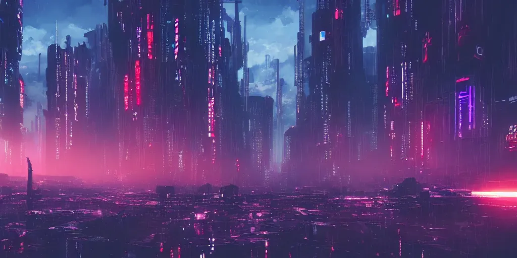 Prompt: 4k dystopian cyberpunk landscape with dark clouds in red blue and purple in a modern anime movie
