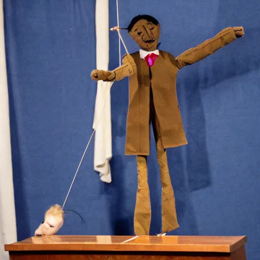 Image similar to puppet show of a string marionette of a president in a podium