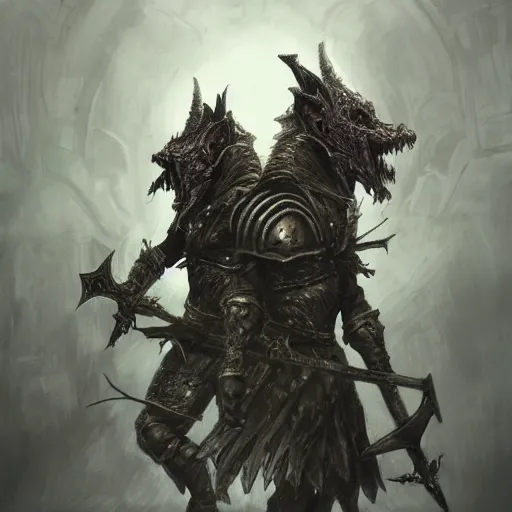 Image similar to Two headed goblin dark souls boss wielding a greatsword inside a decaying ancient fantasy temple. He wears silver armor, trending on artstation, dark fantasy, concept art