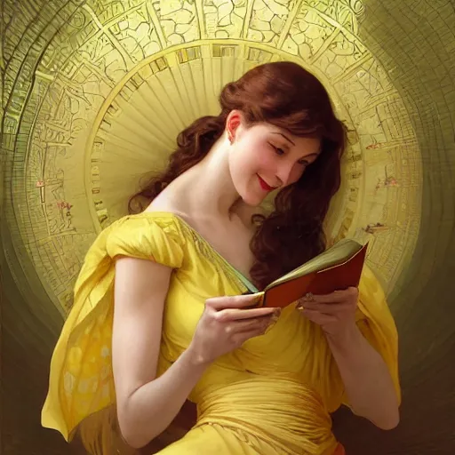 Prompt: a smiling beautiful woman wearing a yellow dress and reading a book, masterpiece, intricate, elegant, highly detailed, digital painting, artstation, concept art, smooth, sharp focus, illustration, art by artgerm and greg rutkowski and alphonse mucha and uang guangjian and gil elvgren and sachin teng, symmetry!!