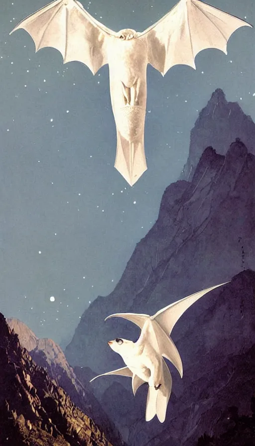 Image similar to a white bat, flying against a black night sky, mountain in the background, moonlight, denoised, very detailed, painted by james gurney, norman rockwell, tom bagshaw