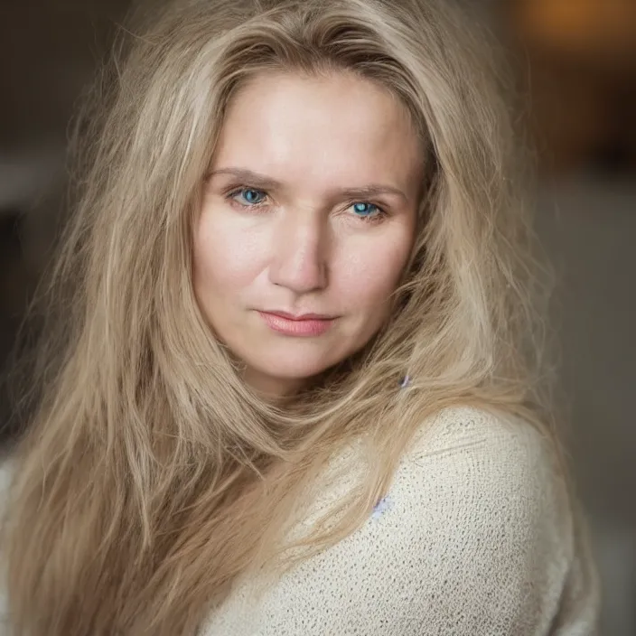 Prompt: portrait photograph of an extremely beautiful!!!! Older female , symmetric face!, symmetric round detailed eyes!!, slight smile, natural light, wearing a intricate dress!! Dusty blonde hair. . Bright brown eyes. in a kitchen. . looking at the camera!!. super resolution. Extremely detailed. Graflex camera!, bokeh!!!!! trending on artstation.