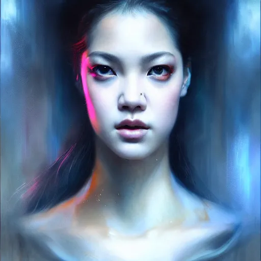 Image similar to rose of blackpink, hyperrealistic portrait, bladerunner street, by karol bak and agnes cecile, fantasy art, photo realistic, dynamic lighting, artstation, poster, volumetric lighting, very detailed face, intricate complexity, rule of thirds, 8 k, award winning