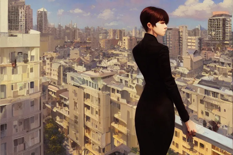 Image similar to A ultradetailed beautiful portrait panting of a stylish woman standing on a balcony overlooking the city, Oil painting, by Ilya Kuvshinov, Greg Rutkowski and Makoto Shinkai