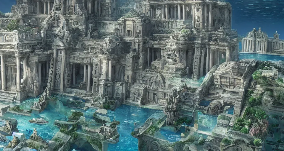 Image similar to the lost city of Atlantis, underwater, far view, fully built buildings, white marble, hyper detailed, 4K