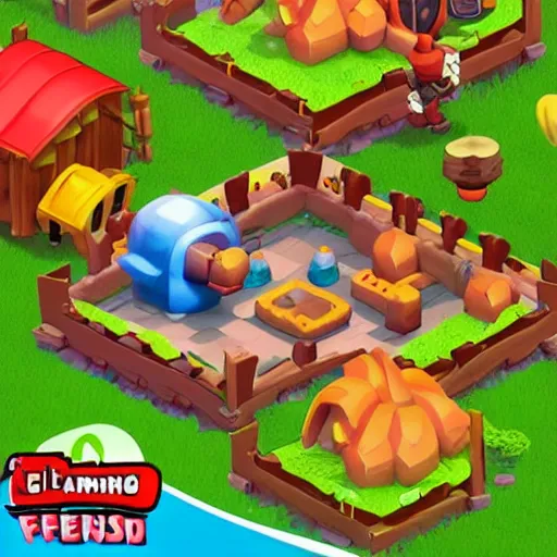 Image similar to a farming mobile game, cute, rounded house and cute character, funny, retro and fantasy style, clash royale style, candy rush style, pinterest