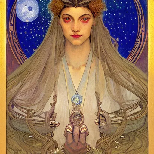 Image similar to queen of the moon with stars in her hair, by nicholas roerich and annie swynnerton and donato giancola and jean delville and dulac, dramatic lighting, god rays, geometric tattoos, rich colors, smooth sharp focus, extremely detailed, leo and diane dillon, adolf wolfli