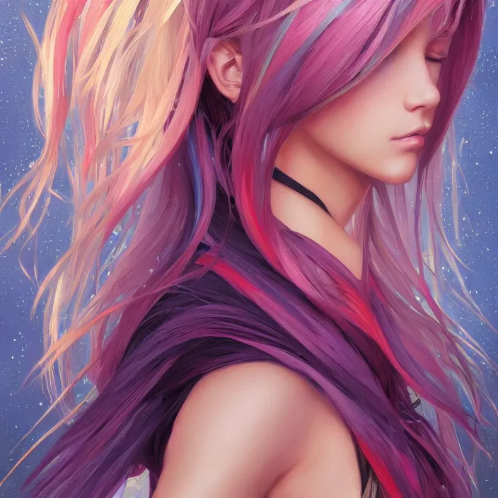 Image similar to portrait of beautiful symmetrical anime girl, rainbow hair, attractive, casual, modern, victoria's secret, highly detailed, digital painting, artstation, concept art, smooth, sharp focus, illustration, art by artgerm, greg rutkowski and alphonse mucha, 8 k,