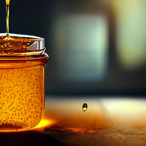 Prompt: jar of honey, nectar from the gods, dripping down onto the planet earth, coating it in honey, highly detailed, dynamic shadows, 4 k, wallpaper, professional photo, caustics