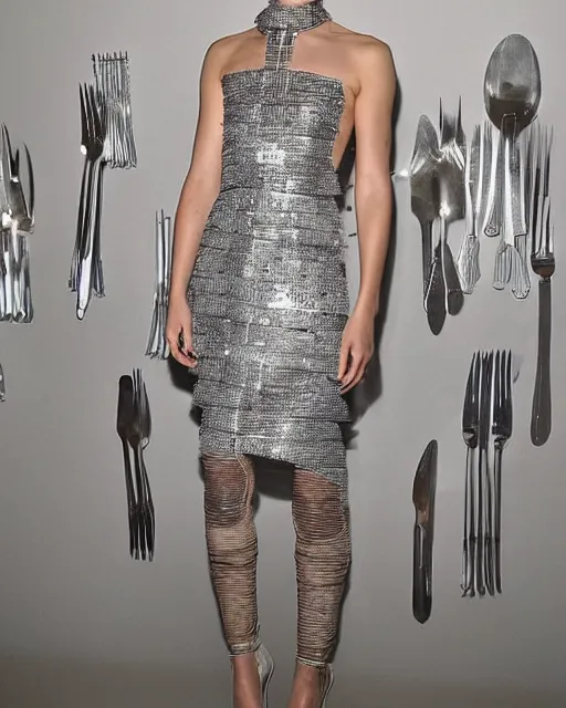 Prompt: nathalie portman at new york fashion week, in a risque outfit made from silver cutlery, by greg rutkowski, high fashion, female beauty, intricate detail, elegance, sharp shapes, soft lighting, vibrant colors, masterpiece