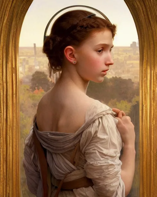 Image similar to a window - lit realistic portrait painting of a thoughtful girl resembling a young, shy, redheaded alicia vikander or millie bobby brown as an ornately dressed princess from the latest star wars movie, highly detailed, intricate, by bouguereau, alphonse mucha, and donato giancola