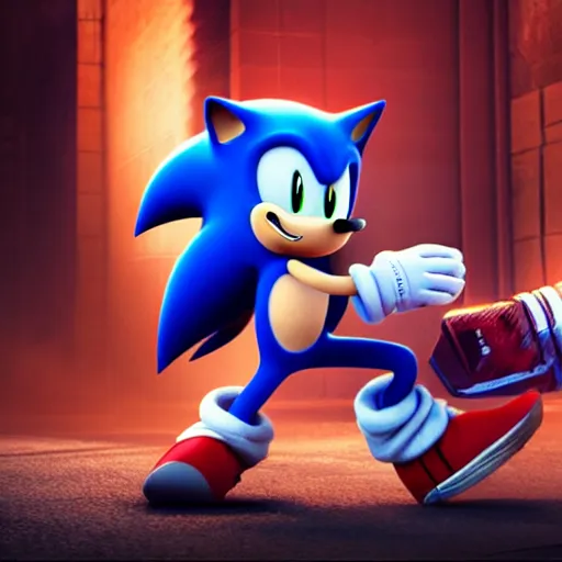 Image similar to sonic strangling a civilian to death, dslr, 8 k, octane beautifully detailed render, cold mood, cinematic lighting, detailed photo, masterpiece, volumetric lighting, ultra realistic, highly detailed, high quality, lossless, photorealistic