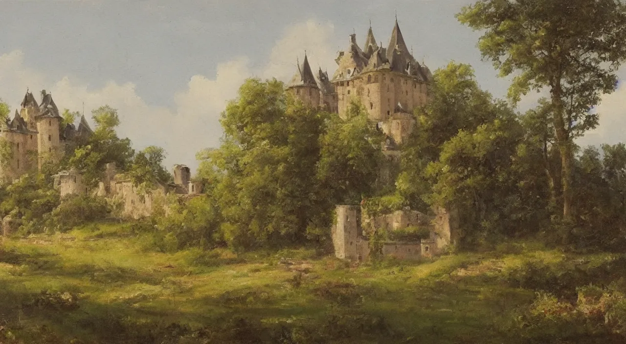 Image similar to a landscape painting of a French castle, with a garden, trending on artstation