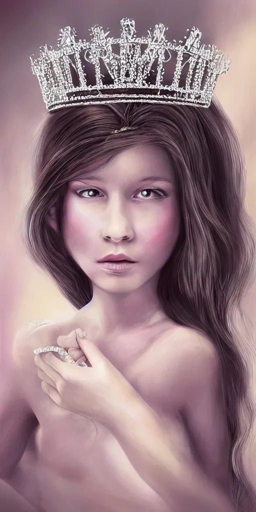 Prompt: princess holding her tiara, digital art, digital painting, ultra realistic, portrait, smooth, highly detailed