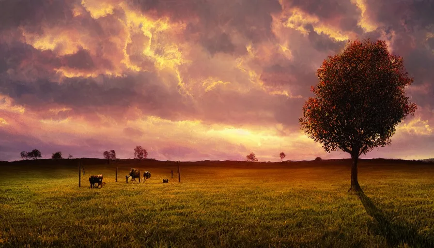 Image similar to cow pasture with fruit trees in sunset, back light, highly detailed, cinematic lighting, volumetric, photorealistic, digital art painting