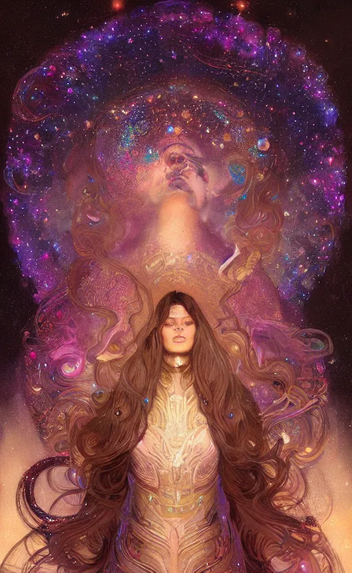 Image similar to portrait of a cosmic goddess, suit made out of stars and galaxies and cosmic energy, intricate, headshot, highly detailed, digital painting, artstation, concept art, sharp focus, cinematic lighting, illustration, art by artgerm and greg rutkowski, alphonse mucha, cgsociety