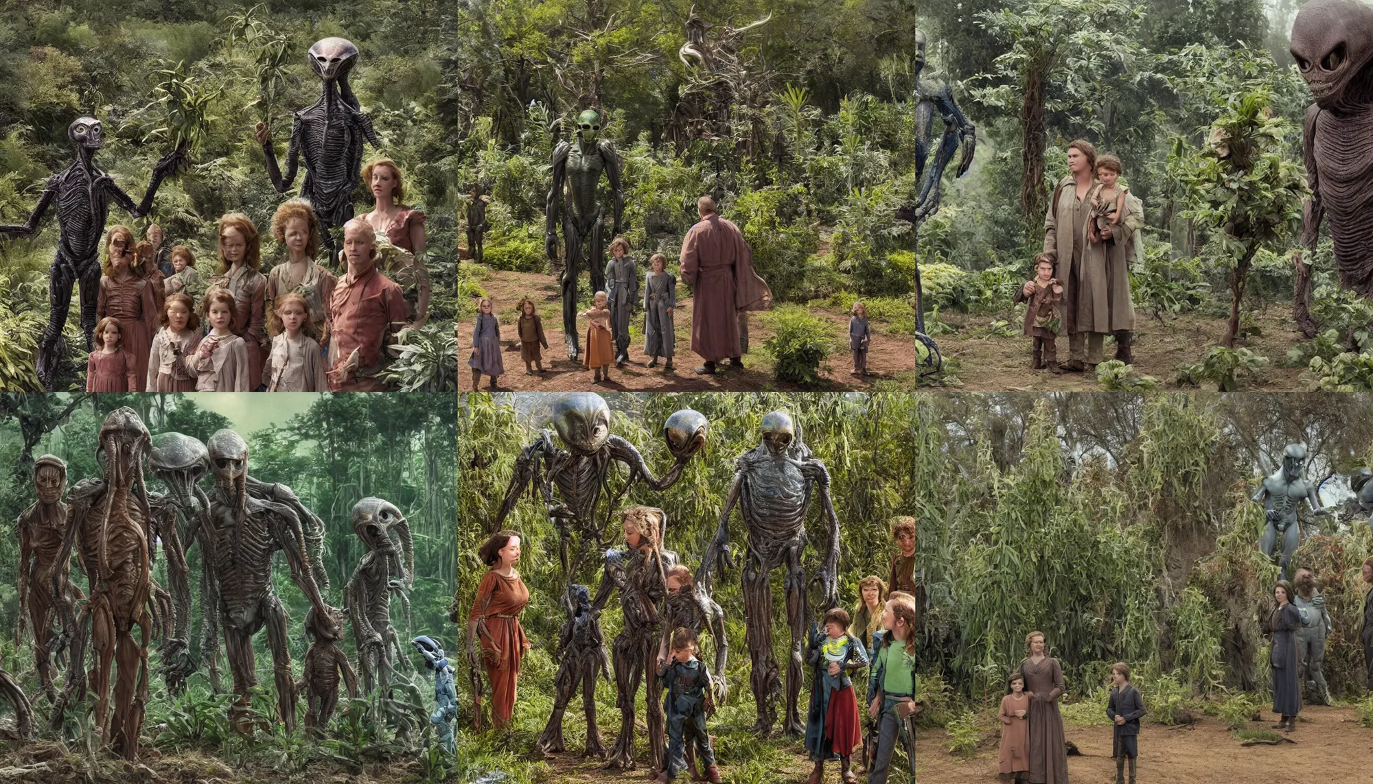 Prompt: highly detailed, 435456k film, 1612800mm film still from a sci fi blockbuster color movie made in 2019, set in 1860, of a human family standing next to an alien plant, a single cute alien is standing behind them, in an alien park, on an alien planet, the family are all wearing 1860s era clothes, good lighting, good photography, ultra high definition